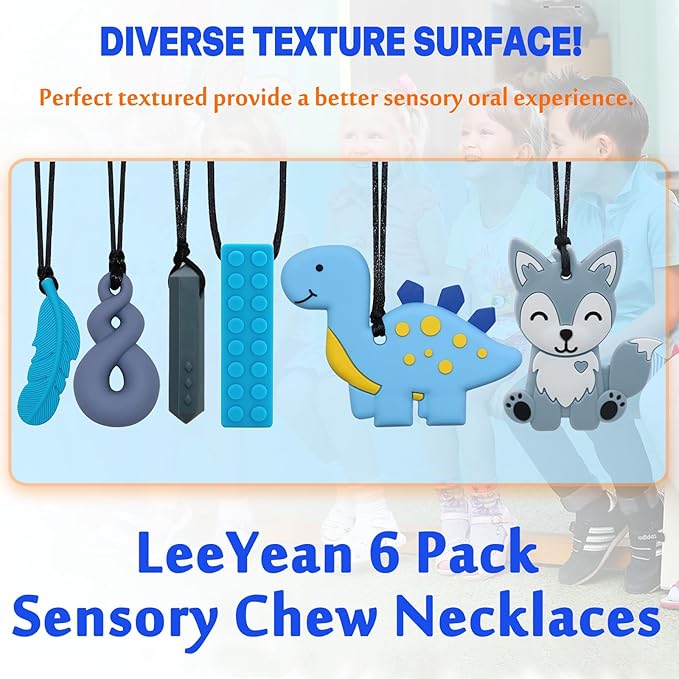 Chew Necklaces for Sensory Kids, Sensory Toys for Kids with Autism, ADHD, SPD, 6 Pack Chewy Necklace for Anxiety Fidgeting Relief