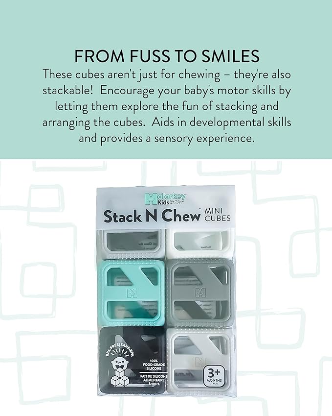 Malarkey Kids Stack N Chew - Mini Cubes Baby Chew Toy Monochrome - Develops Fine Motor Skills, Increases Grip Strength, Stimulates Hand-Eye Coordination (Monochrome)