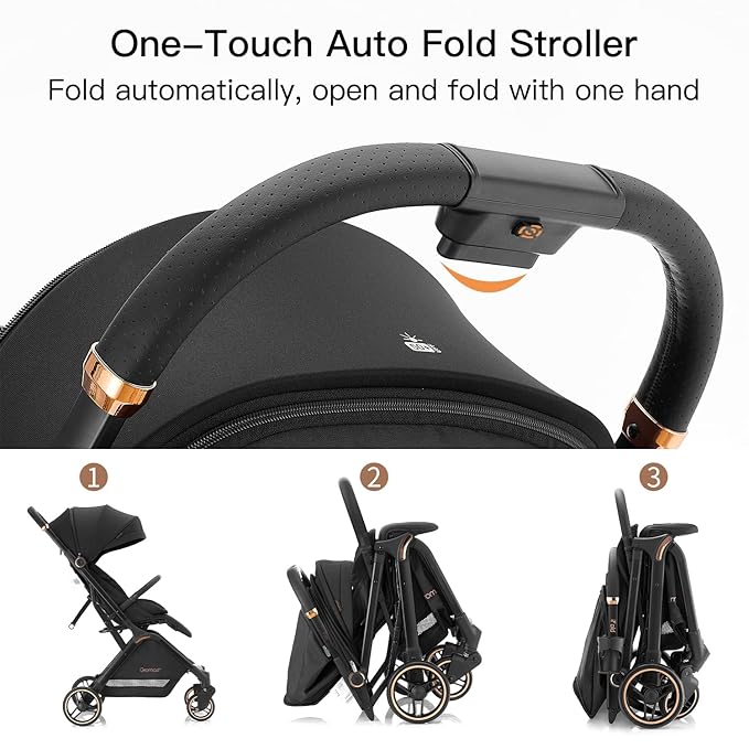 Gravity Folding Baby Stroller - Portable Travel Toddler Stroller w/Adjustable Backrest, Canopy & Cup Holder, Lightweight and UV Protected, One-Hand Automatic Folding - Black