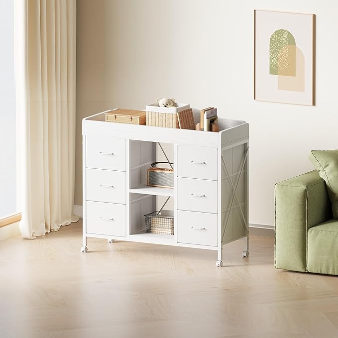 Changing Table, 6-Drawer Baby Dresser with Changing Table top, Waterproof Diaper Changing Station & Pad, 2 Height-Adjustable Open Storage Shelves, Mobile Nursery Organizer, White