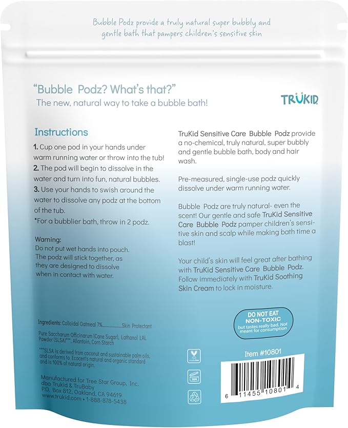 TruKid Bubble Podz Bubble Bath for Kids, Toddlers, & Babies, NEA-Accepted for Eczema, Gentle Refreshing Colloidal Oatmeal Bath Bomb for Sensitive Skin, pH Balanced, Tear Free, Unscented (60 Podz)