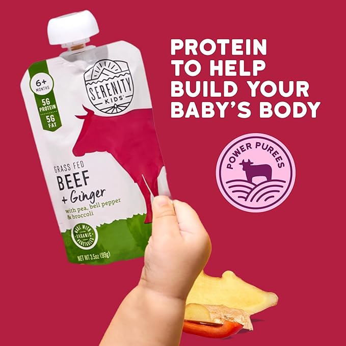 Serenity Kids 6+ Month Organic Beef & Veggie Baby Food Pouches - 5g Protein Grass Fed Beef - Organic Vegetables Blend with Broccoli & Bell Pepper - BPA-Free Baby Snacks Pouches - 3.5 Oz, 12 Pack