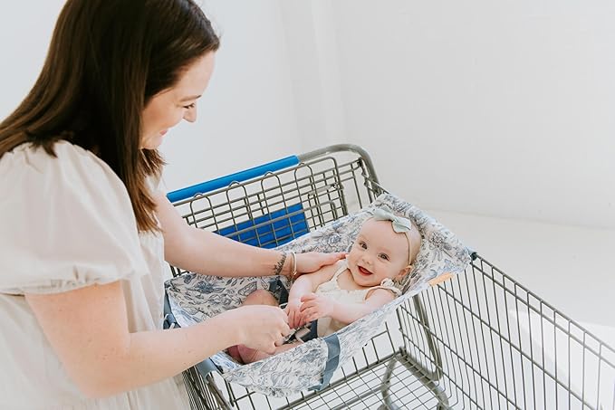 Binxy Baby Shopping Cart Hammock – Infant Seat for Grocery Carts – Holds Car Seats Securely – Compatible with Select 4-Seater Wagons (20–24” Wide) – Supports Up to 50 lbs – Heritage Blue