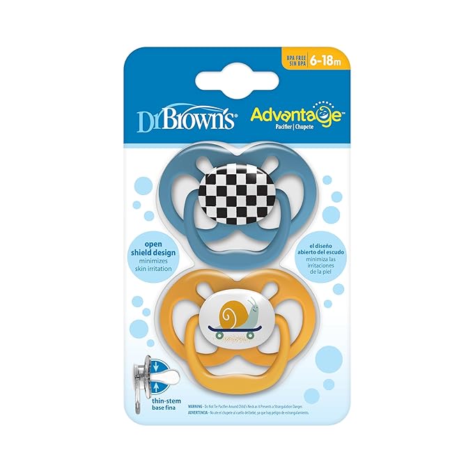 Dr. Brown's Advantage Baby Pacifier, Fully Symmetrical Soother with Soft Silicone Bulb, Skateboard Snail, 6-18m, BPA Free, 24 Pack
