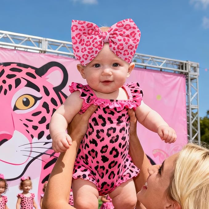 2PCS 7’’ Super Soft Knot Headbands with Hair Bows Pink Leopard Infant Toddlers Kids Hair Accessories Headband for Newborn Baby Girls