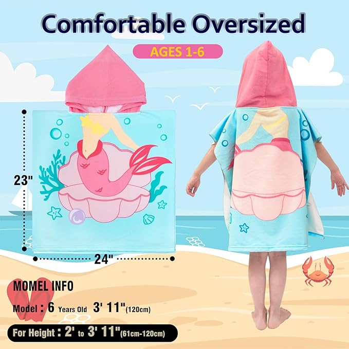 Hooded Kids Beach Towels - Toddler Bath Towel Girls Boys Swim Cover-ups for Ages 1 to 6 Kids Pool Towels Quick Dry Lightweight Soft Microfiber Poncho Towel 24x23 (Mermaid Seashell)