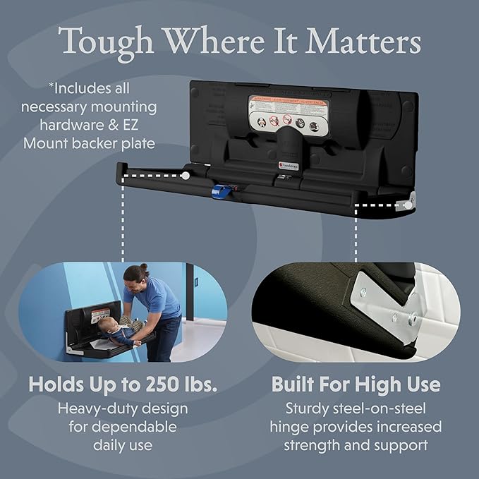 Foundations Classic Horizontal Baby Changing Station w/EZ Mount Backer Plate, Wall Mounted, One Handed Adjustable Safety Strap & Liner Dispenser, Black (100-EH-BP-02)