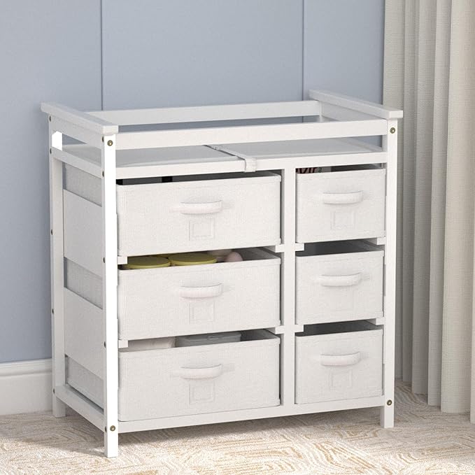 Glaf Baby Changing Table with 6 Storage Drawers and Pad Topper Modern Diaper Change Station Changing Table Dresser for Newborn Baby and Infant (White)