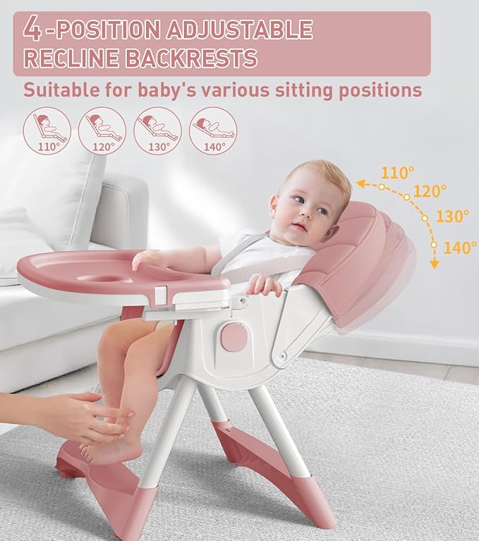Baby High Chair, 5 in 1 High Chairs for Babies and Toddlers, Travel Foldable High Chair with Foot Rest, Detachable PU Cushion, Double Removable Tray, Adjustable Height & Recline