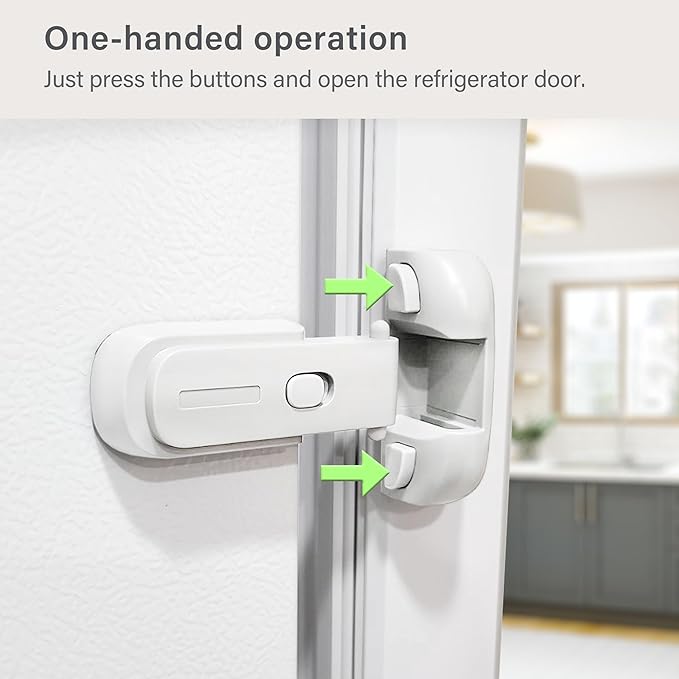 Fridge Lock for Kids, Refrigerator Lock Child Proof, Freezer Latches to Keep Door Closed, One Handed Operation, Strong Adhesive Tapes Included, White