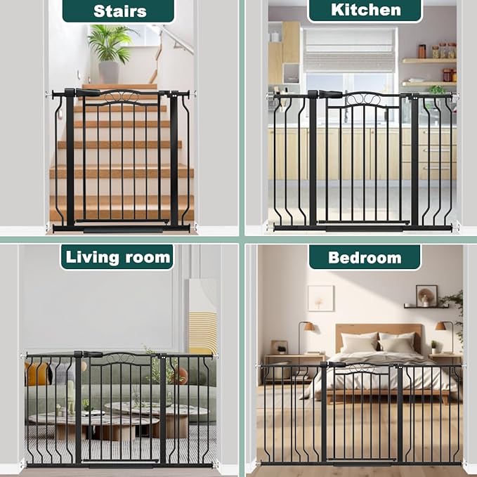 Fairy Baby 29.5"-43.7" Extra Wide Baby Gate for Stairs, Pressure Mounted Dog Gate for Doorways, Auto Close Metal Pet Gate with Arch Design for Puppy, No Drill Child Gate with Walk Thru Door, Black
