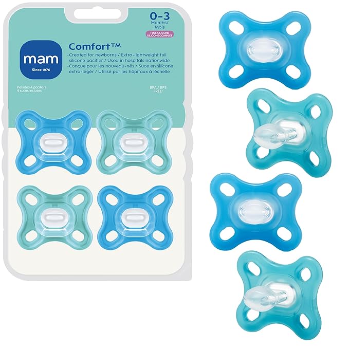 MAM Comfort Baby Pacifiers 0-3 Months Newborns, Lightweight One-Piece Full Silicone Binky, BPA-Free Nipple, Easy to Clean Pacifier, Best for Breastfed Babies, 4 Count, Made in Europe
