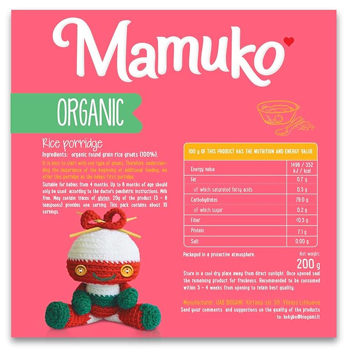 MAMUKO Organic Porridge - Rice Porridge with No Added Sugar, Milk & Preservatives - High Fiber Porridge Developed with EU Experts - Healthy Porridge Ideal for Little Ones from 4+ Months - 12 Servings