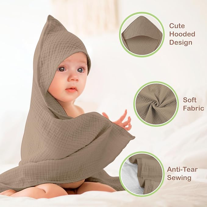100% Organic Cotton Muslin Baby Hooded Towels 32x32 Inch – 2 Pack Soft & Absorbent Hooded Baby Towels For Boys & Girls, Premium Hooded Towels, Ultra-Gentle Baby Essentials in Deep Olive/Ivory