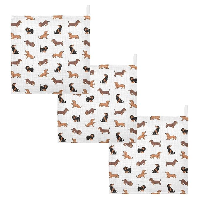 YETTASBIN Dachshund Dog Muslin Baby Hand Washcloths, Soft Cotton Bath Face Towel, 4 Layers Extra Absorbent Feeding Burp Cloth for Newborn Infant, 5 Pack