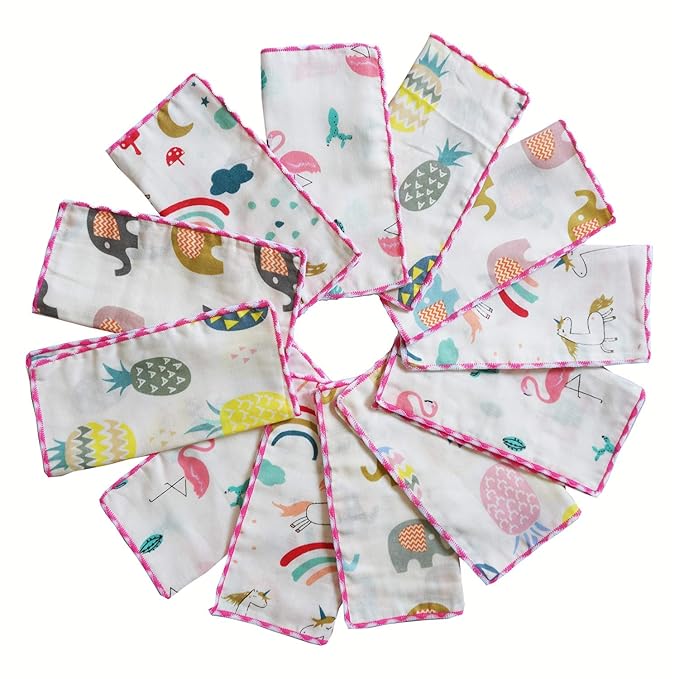 Omilion Muslin Baby Washcloths Set(12-Pack), Natural Cotton Infant Bath Towel, Soft Toddler Face Towel Gift Registry Newborn Baby Shower, 9x9 Inches, Tropical Rainforest (Square)