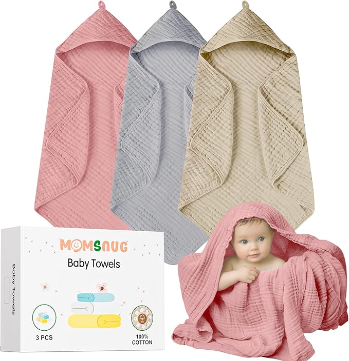 Muslin Bath Towel Baby 3 Pack, Hooded Baby Towels for Girl Boy, Muslin Cotton Baby Bath Towel with Hood for Babies, Infant, Toddler and Kids Newborn Essential (35 X 35 Inch) (Rose + Grey + Apricot)