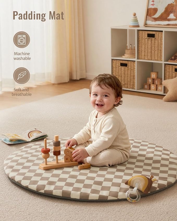 Blissful Diary Baby Play Gym Mat, Play Mat Activity Mat with 6 Detachable Toys for Stage-Based Sensory & Motor Skill Development, Easy to Install & Clean, Baby Essentials Gift, Brown Checkerboard