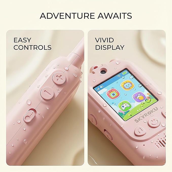 SKYROKU 2nd-Gen Video Walkie Talkies for Kids, 2000ft Long Range Rechargeable Walky Talkies, AI Virtual Costumes & Voice Changer, Outdoor Camping Toys Gift for Boys Girls Ages 3-12 (Pink 2 Pack)