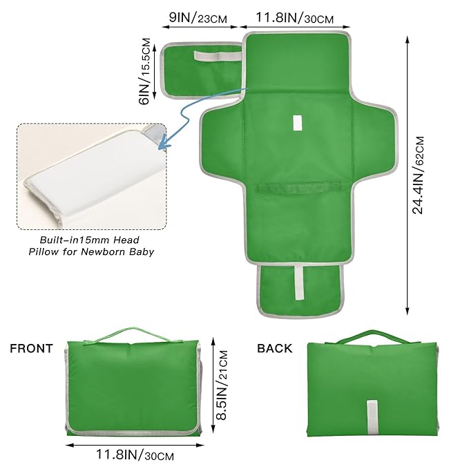 Green Portable Diaper Changing Pad for Baby, Waterproof & Foldable Changing Mat, Soft & Comfortable with Wipes Pocket, Baby Essentials