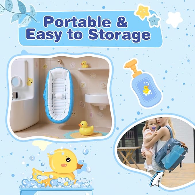 Inflatable Baby Bathtub, Collapsible Safe Baby Bath Tub, Portable Travel Shower Basin with Built-in Air Pump, Newborn to Toddler Bath Tub, Deflates and Folds Easily, Non-Slip (Blue)