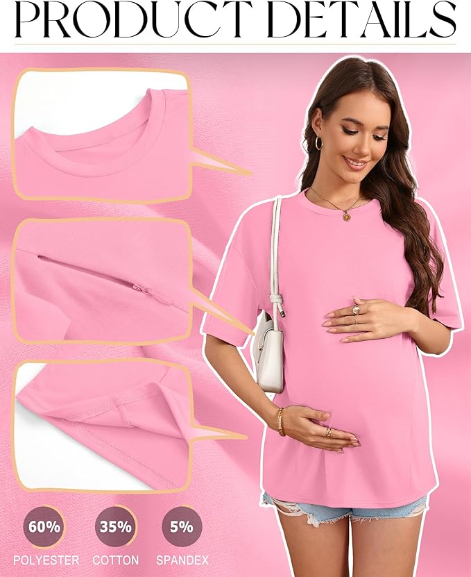 3 Pack Women's Oversize Nursing Breastfeeding Shirts Hidden Zipper Short Sleeve Loose Fit Maternity Tops