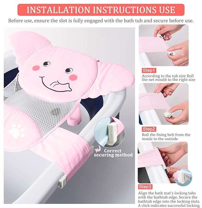 AIR&TREE Baby Bath Seat Support Net, Quick Drying, Adjustable, Comfortable, Non-Slip, Infant Bathtub Sling Shower Mesh for a Tub, with Safety Support Corners (Pink)
