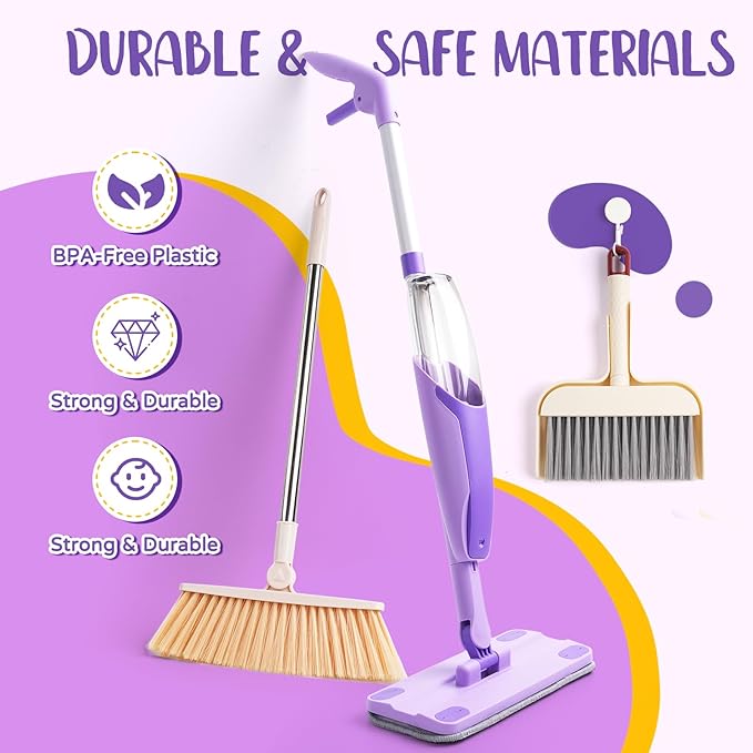 Kids Cleaning Toy Set,Purple Mini Spray Mop Montessori Toys Pretend Play Cleaning Tool for Toddlers with Spray Mop & Kids Broom Dustpan Set Cleaning Toys Gift for Toddlers Girls Boys Age 3+