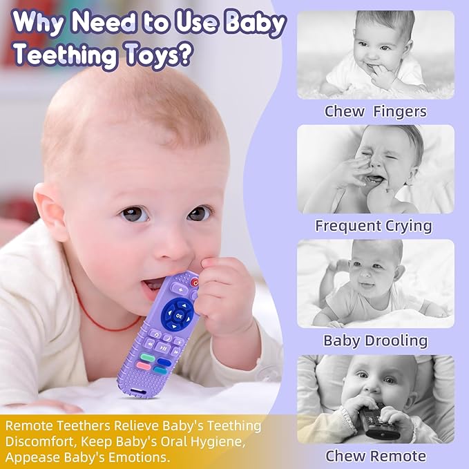 AiTuiTui Baby Teething Relief Sensory Chew Toys for 3 6 9 12 Months, Silicone Infant Teether Remote Control Bath Toy for Newborn Toddlers Boy Girl Autism Baby Shower Birthday Gifts, Purple