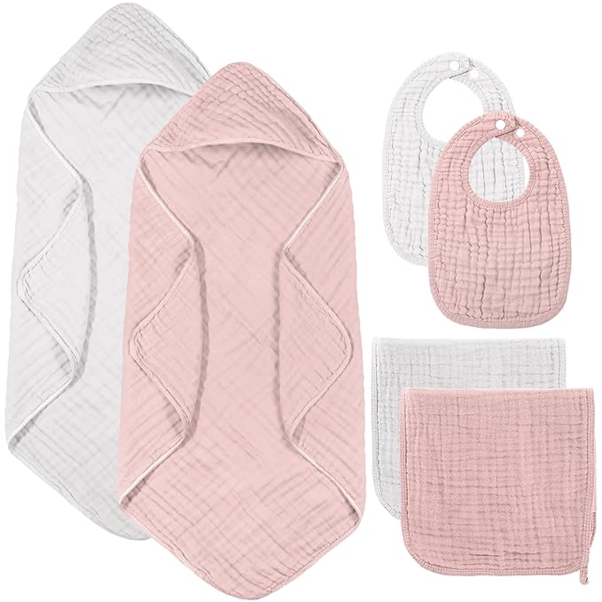 6 Pcs Muslin Hooded Bath Towels Washcloths and Bibs Set, Muslin Cotton Baby Towels Absorbent Hooded Blanket Towel Infant Bibs for Boys Girls Newborn Infant Essentials(Pink, Light Pink)