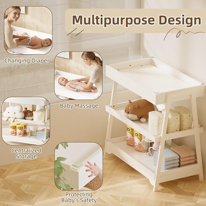 YUFU Baby Changing Table, Portable Diaper Changing Table with Changing Pad, Baby Diaper Changing Station with 2 Tier Storage Shelves for Newborn Baby and Infant, White