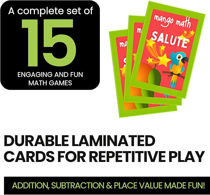 MANGO Math 15® - Math Flash Cards - Educational Math Games for Kids - Addition, Subtraction, Place Value Play & Learning Kit -2nd 3rd 4th Grades - Kids 6-12 - Set of 15 Games - English Version