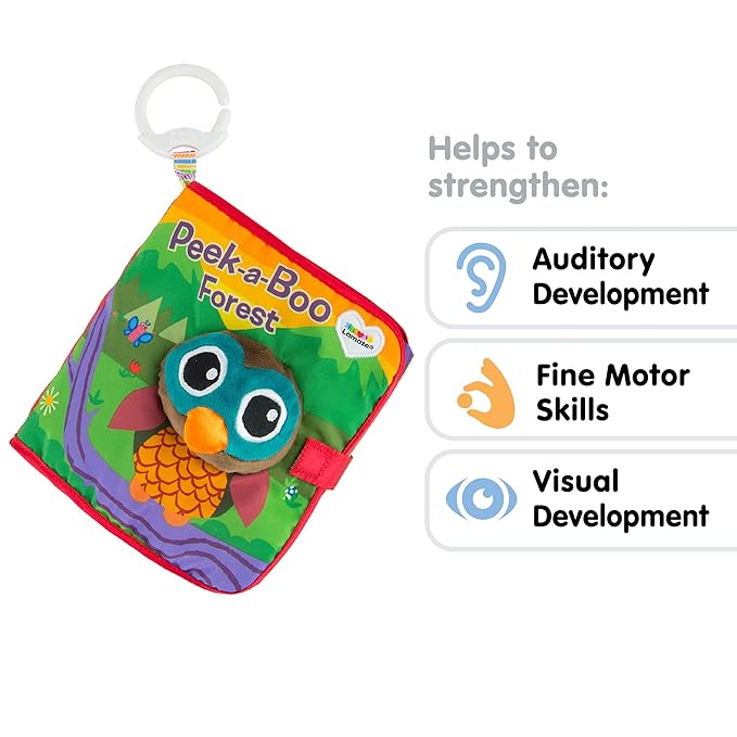 Lamaze Peek-A-Boo Forest Soft Baby Book - Clip-On Cloth Book - Washable Crinkling Fabric Pages for Sensory Play - Teething and Learning Toys for Babies - 6 Months and Up