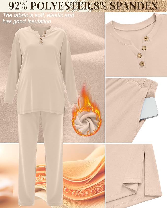 2 Piece Thermal Maternity Lounge Set Postpartum Pregnancy Fleece Loungewear Long Sleeve Top and Wide Leg Pant