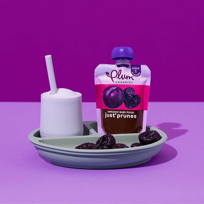 Plum Organics - 4+ Months Organic Baby Food Pouches - Just Punes - Non-GMO - Fruit & Veggie Blends On-The-Go Pouches for Baby & Toddler Meals - Quality Tested Ingredients - 3.5 oz (Pack Of 12)