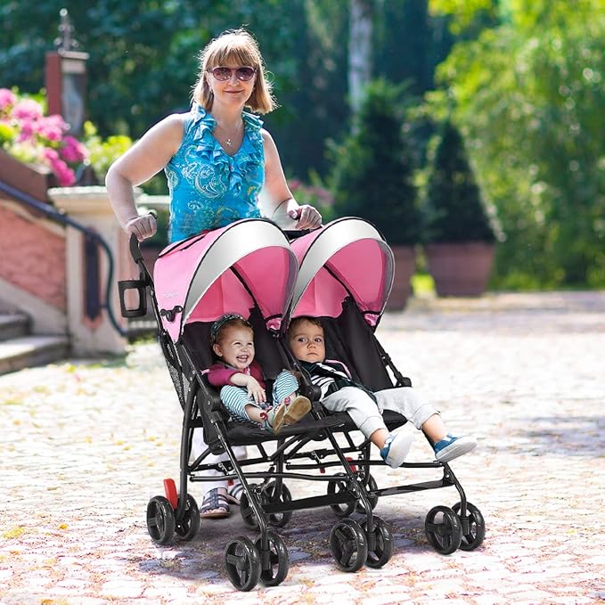 BABY JOY Double Umbrella Stroller, Lightweight Travel Side by Side Twin Stroller with Large Storage, Cup Holder, 5-Point Safety Harness, Adjustable Canopy & Compact Fold for Infant and Toddler (Pink)