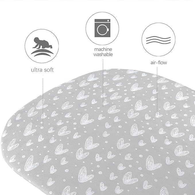 Bassinet Sheets Compatible with SNOO Smart Sleeper, Dream On Me Lacy Portable and Safety 1st Sleeper Bassinet, 100% Jersey Knit Cotton Sheets, Grey Print for Baby