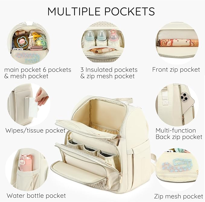 Diaper Bag Backpack - Lightweight & Stylish, Boys, Girls & Baby Travel Essentials Tote with Changing Pad, Insulated Pocket, Stroller Strap - Baby Diaper Backpack for Mom, Maternity (Beige)