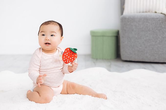 Pearhead Crinkle Plush Baby Teether, Adorable Strawberry Sensory Toy with BPA-Free Silicone Beaded Ring, Gentle Sound and Soft Fabric for Teething Pain Relief, Infant Rattle for Newborns 0+ Months
