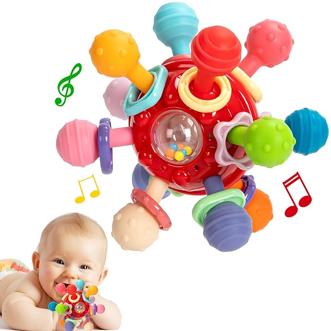 Baby Teething Toys, Baby Teethers Montessori Sensory Toys for 0-6 6-12 Months, Gifts for 1 Year Old Boys Girls Infant Newborn 0 3 6 9 12 18 Months Toys,Red