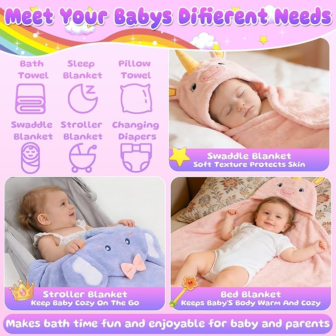 8 Pcs Toddler Bath Towel Set, 2 Pcs Toddler Towels with Hood, Large 55" x 27.5" Toddler Towels & 6 Pcs Baby Washcloths for Boy Girl, Soft Absorbent Gift for Baby, Infant, Newborn Essential