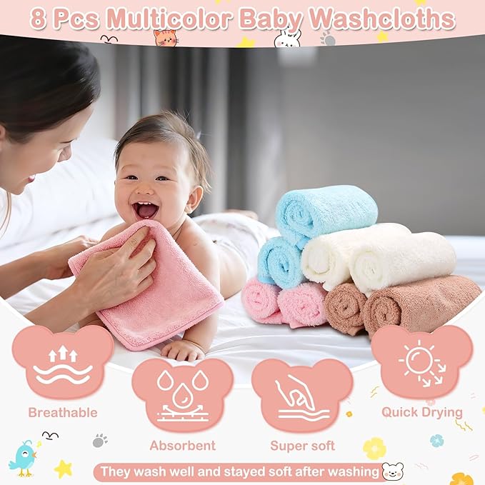 14 Pcs Baby Towels, Soft Baby Towel and Washcloths Set, 4 Pcs 32x32 in Hooded Bath Towel, 8 Pcs Baby Washcloths and 2 Pcs Cotton Baby Bibs for Newborns, Toddlers, and Kids for Boys and Girls