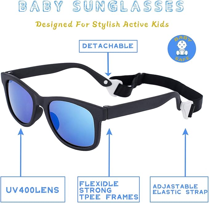 MAXJULI Baby Infant Sunglasses Safe, Soft, With Adjustable Strap 0-24 Months BPA Free 7002