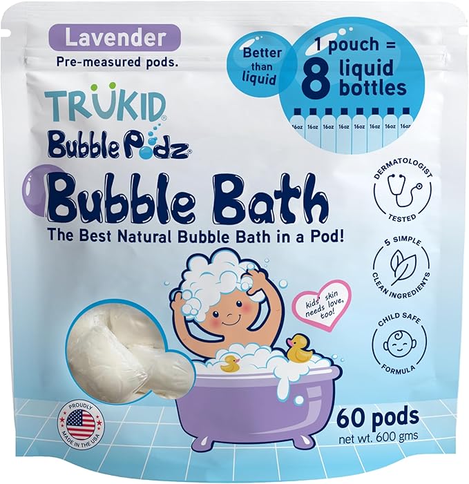 TruKid Bubble Podz Bubble Bath for Kids, Toddlers, & Babies, Tear Free Gentle & Refreshing Bath Bomb for Sensitive Skin with Natural Moisturizers, Non-Toxic, pH Balanced, Lavender Scent (60 Podz)