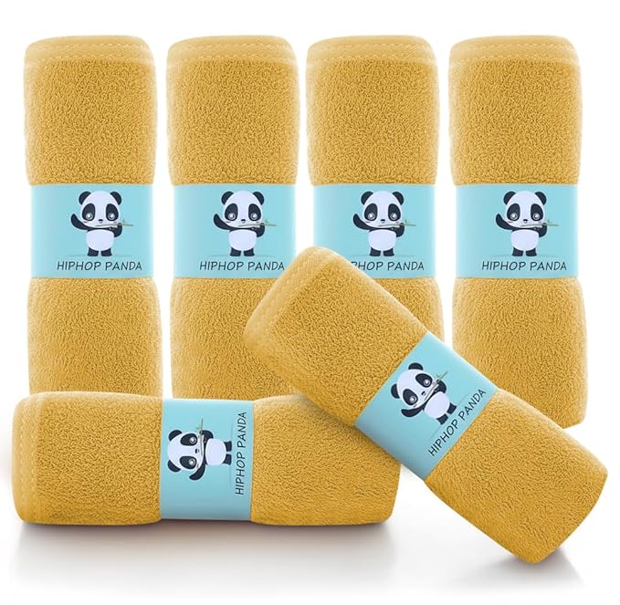 HIPHOP PANDA Baby Washcloths, Rayon Made from Bamboo - 2 Layer Ultra Soft Absorbent Newborn Bath Face Towel - Reusable Baby Wipes for Delicate Skin - Honey, 6 Pack