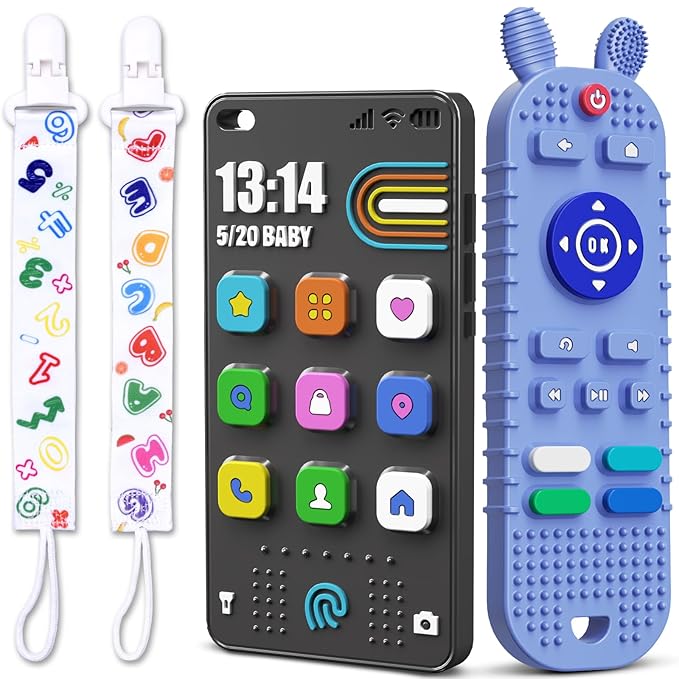 TV Remote Control Shape Baby Teething Toys and Phone Shape Teether Toys for Babies 6-12 Months, Soft Flexible Silicone Chew Toys for Baby - Black Blue