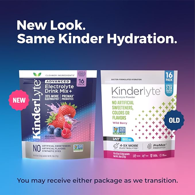 Kinderlyte Advanced Electrolyte Powder for Kids and Adults - Drink Mix Hydration Packets (Wild Berry, 16 Count), with PreMax Prebiotics, No Artificial Sweeteners or Flavors, No Synthetic Dyes