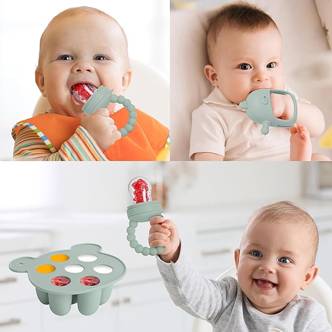 Baby Fruit Feeder & Breastmilk Popsicle Mold Set – 3 Pack Silicone Teething Relief Kit with Food Feeder Pacifier, Freezer Tray with Lid & Baby Teether (Pea Green)