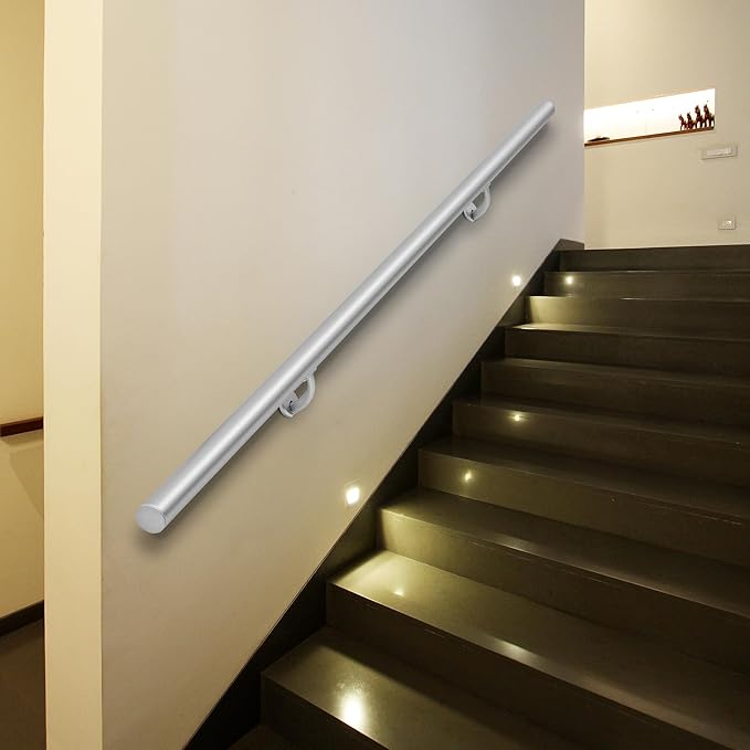 13FT Modern Aluminum Handrail Set, handrails for Indoor Stairs,Deck,Slope, Wall Mounted Staircase handrails, Zink Alloy Brackets Included,Rust Free. (Anodized Silver, 13 FT)