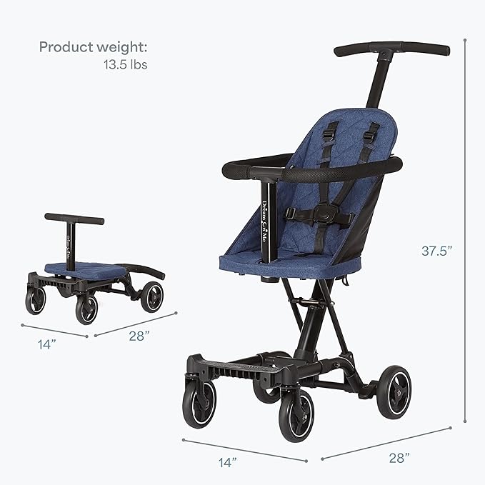 Dream On Me Coast Rider Travel Stroller, Lightweight & Compact Baby Stroller, Theme Park Approved, Book-Folding Design, Adjustable Handle, Soft-Ride Wheels, Converts to Rider & Scooter - Navy